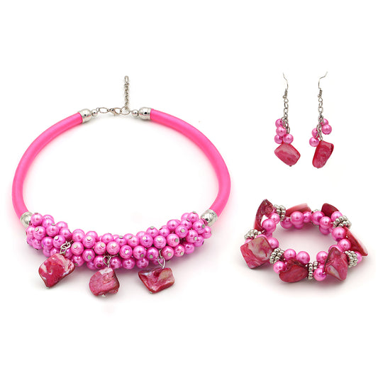 Conjunto Pepita con Concha y Cristal Emporia® Rosa ( Collar +Pendientes +Pulsera )