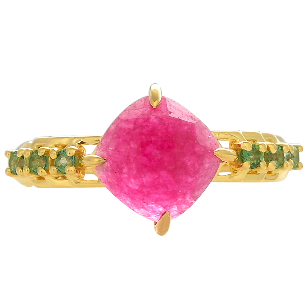 Anillo de Plata Bañada en Oro con Cuarzo Rosa y Topacio Verde Helecho