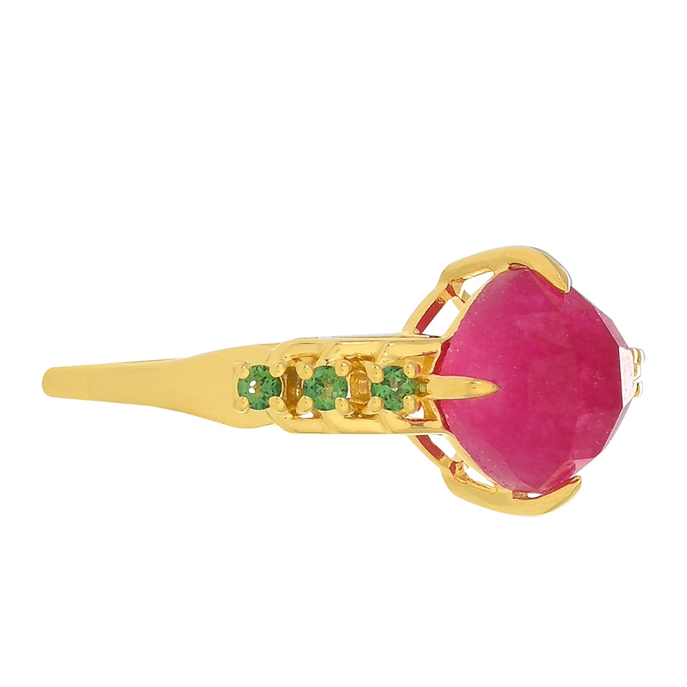 Anillo de Plata Bañada en Oro con Cuarzo Rosa y Topacio Verde Helecho