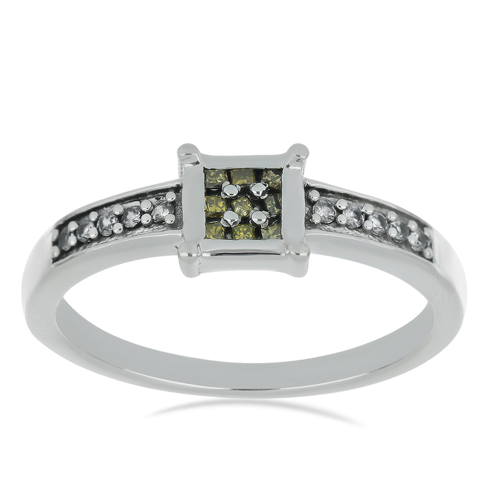 Anillo de Plata con Diamante Amarillo y Zircón Blanco