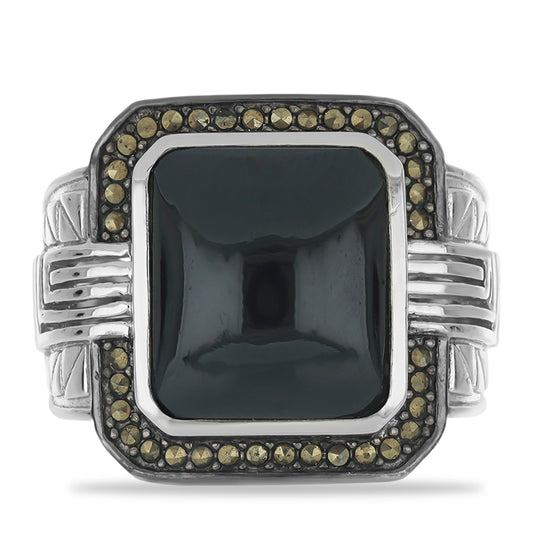 Anillo de Plata con Marcasita de Austria y Espinela Negra de Badakhshan Gorno