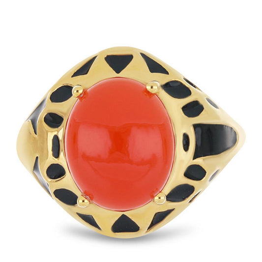 Anillo de Plata Bañada en Oro con Esmalte y Ágata Roja