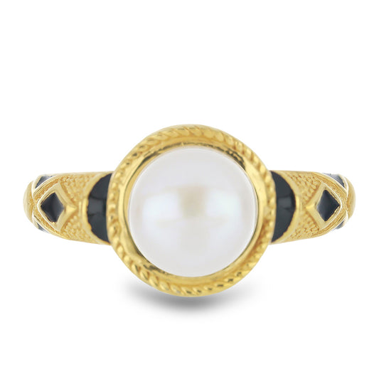 Anillo de Plata Bañada en Oro con Esmalte y Perla de Agua Dulce Blanca