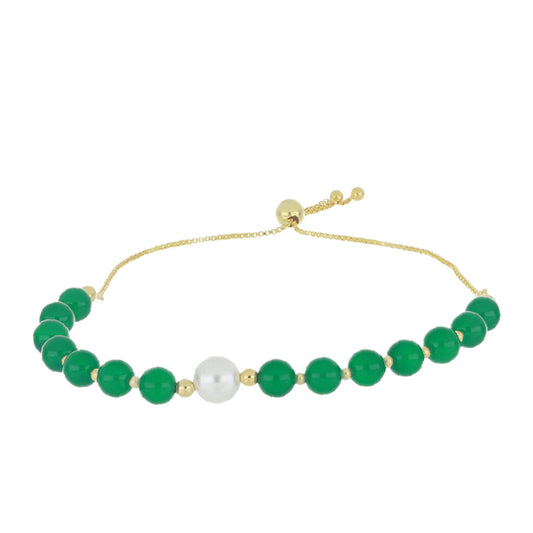 Pulsera de Plata Bañada en Oro con Ágata Verde y Perla de Agua Dulce