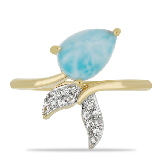 Anillo de Plata Bañada en Oro con Larimar y Topacio Blanco