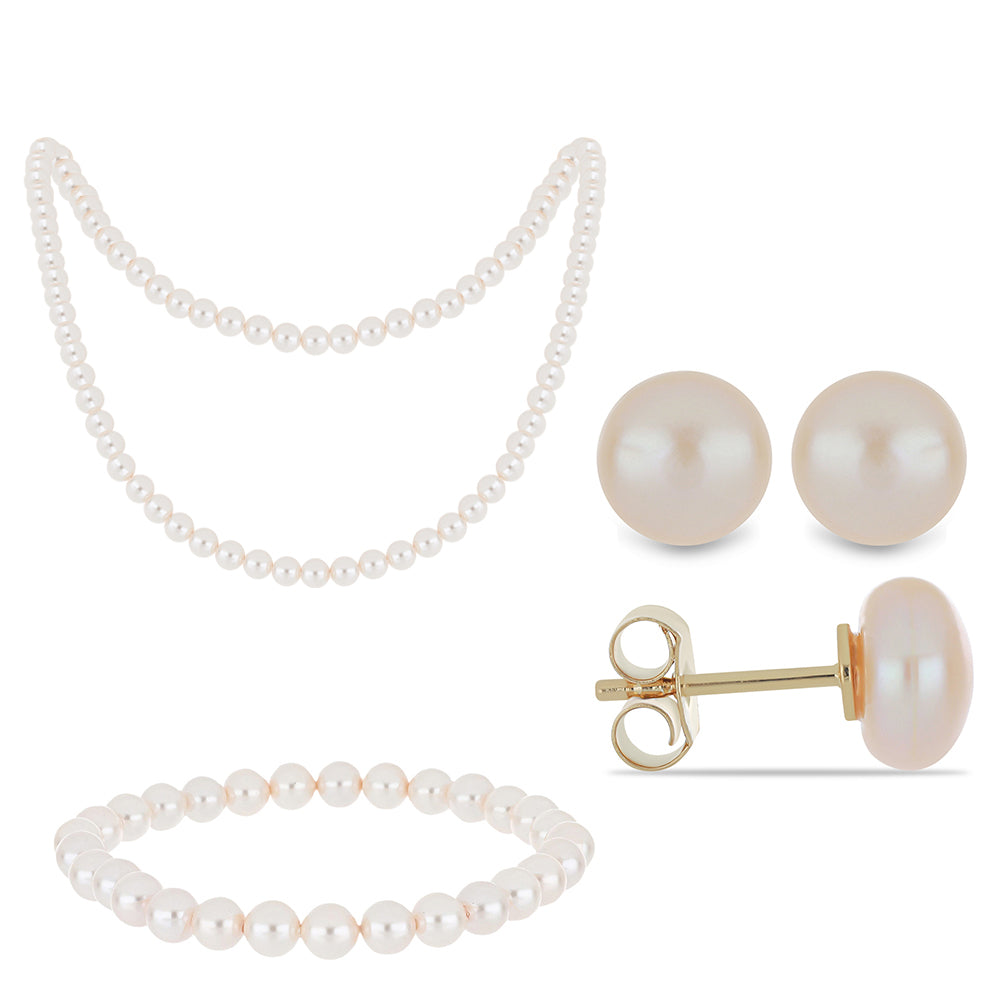 Conjunto de Plata Bañada en Oro con Perla de agua dulce melocotón ( Collar +Pendientes +Pulsera ) 1 