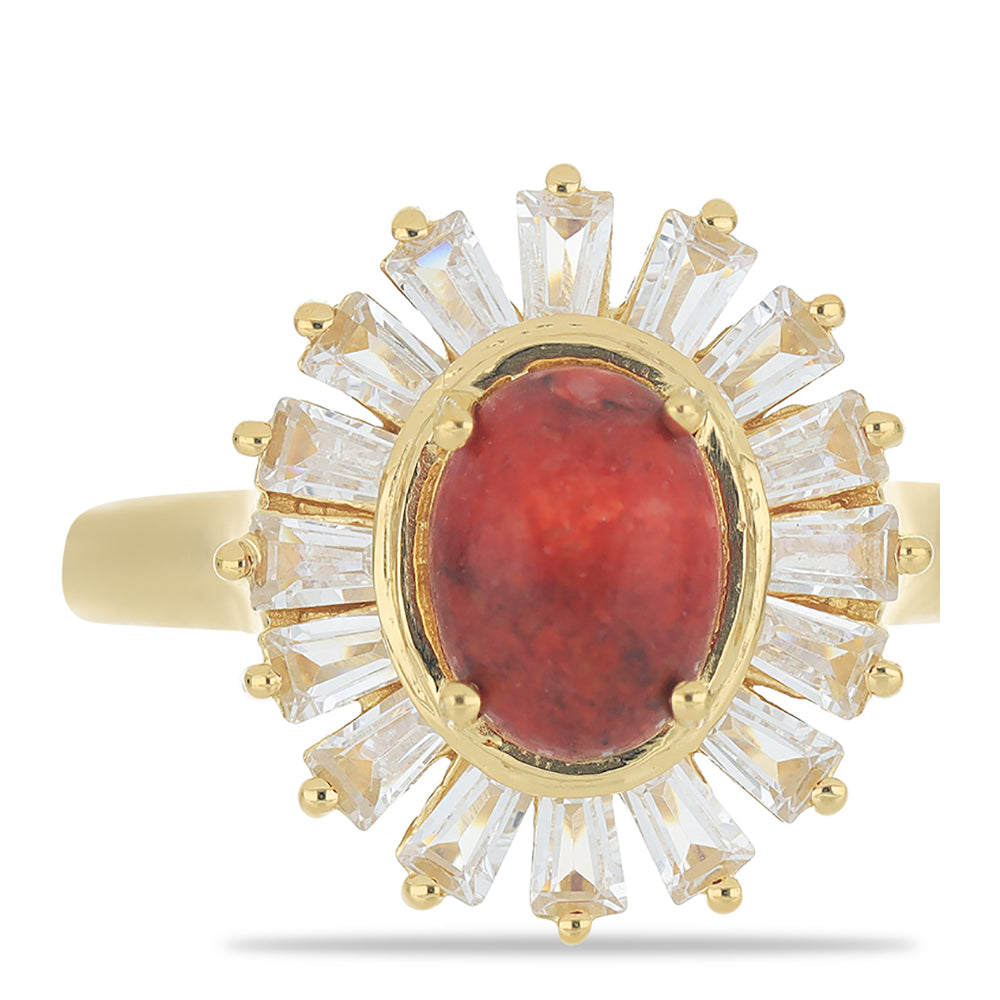 Anillo de Plata Bañada en Oro con Coral de Esponja Roja y Zircón Blanco 1 