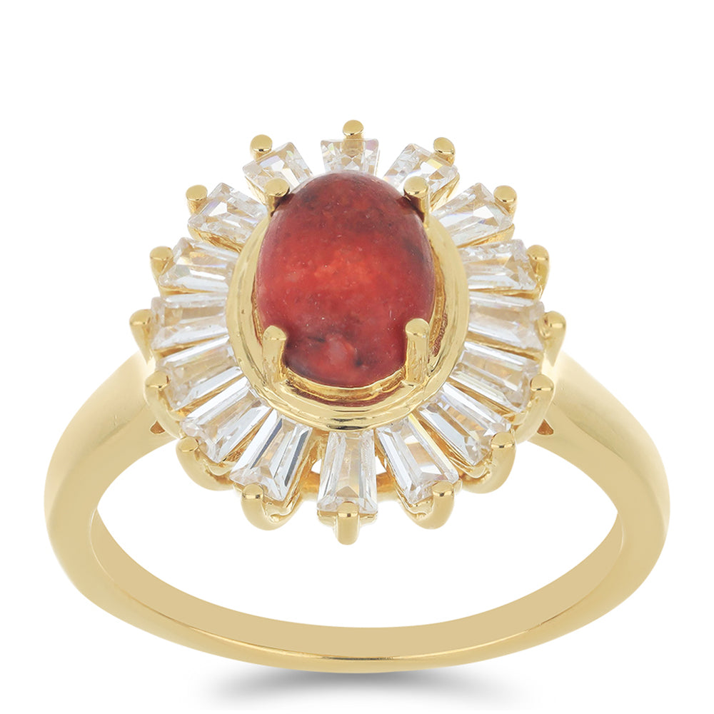 Anillo de Plata Bañada en Oro con Coral de Esponja Roja y Zircón Blanco