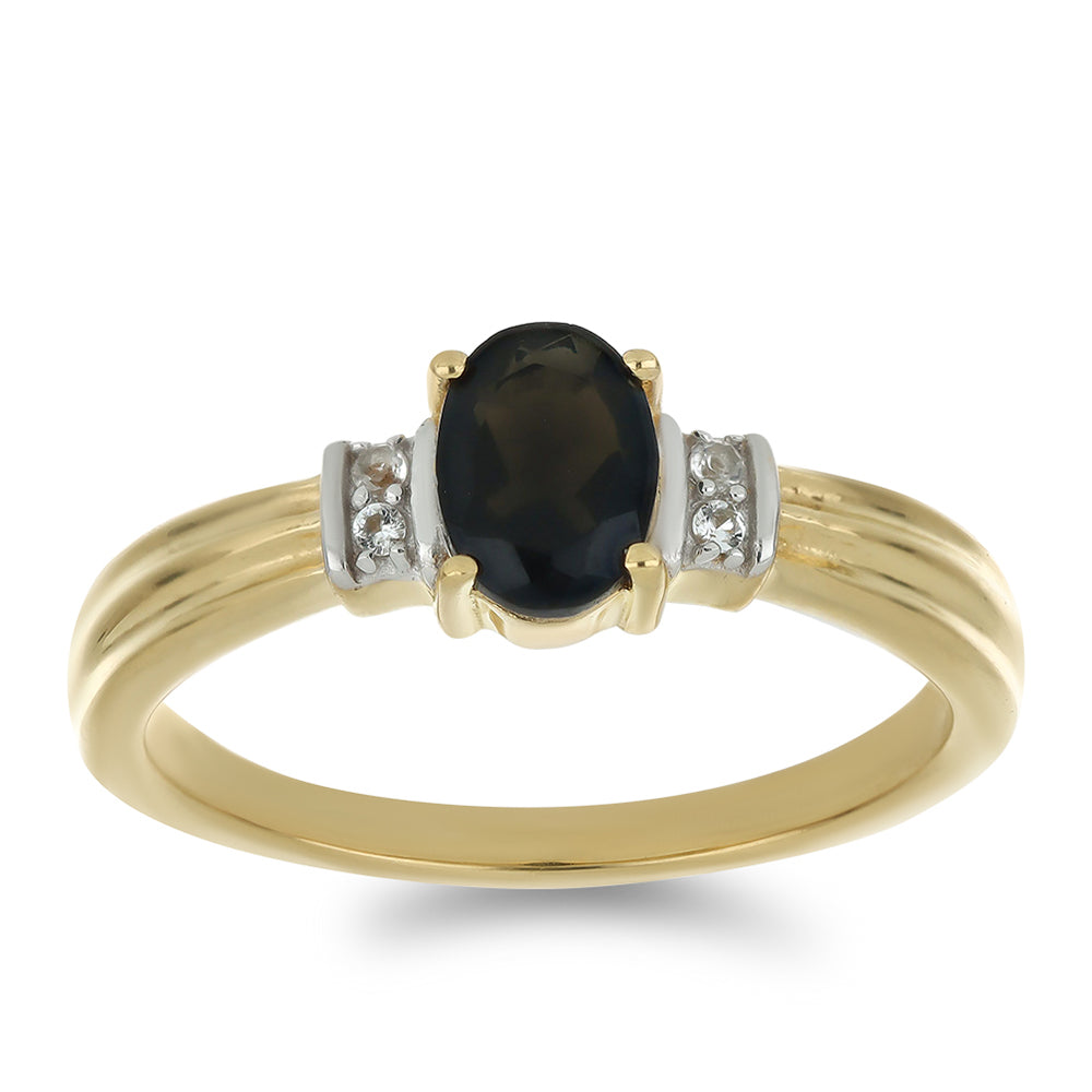 Anillo de Plata Bañada en Oro con Obsidiana y Topacio Blanco