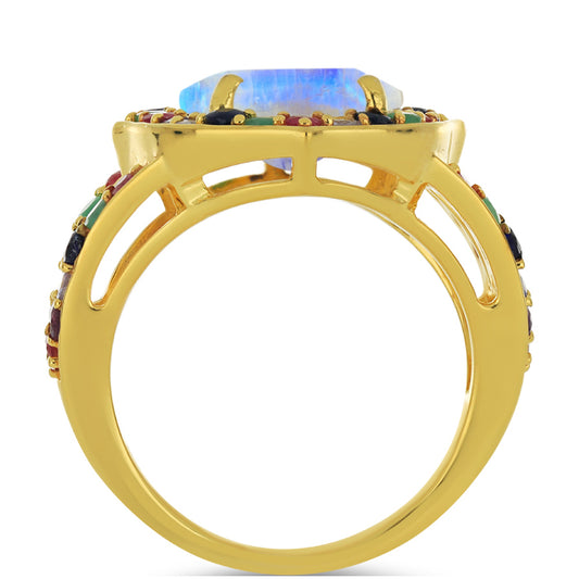 Anillo de Plata Bañada en Oro con Piedra Lunar Arco Iris y Tanzanita