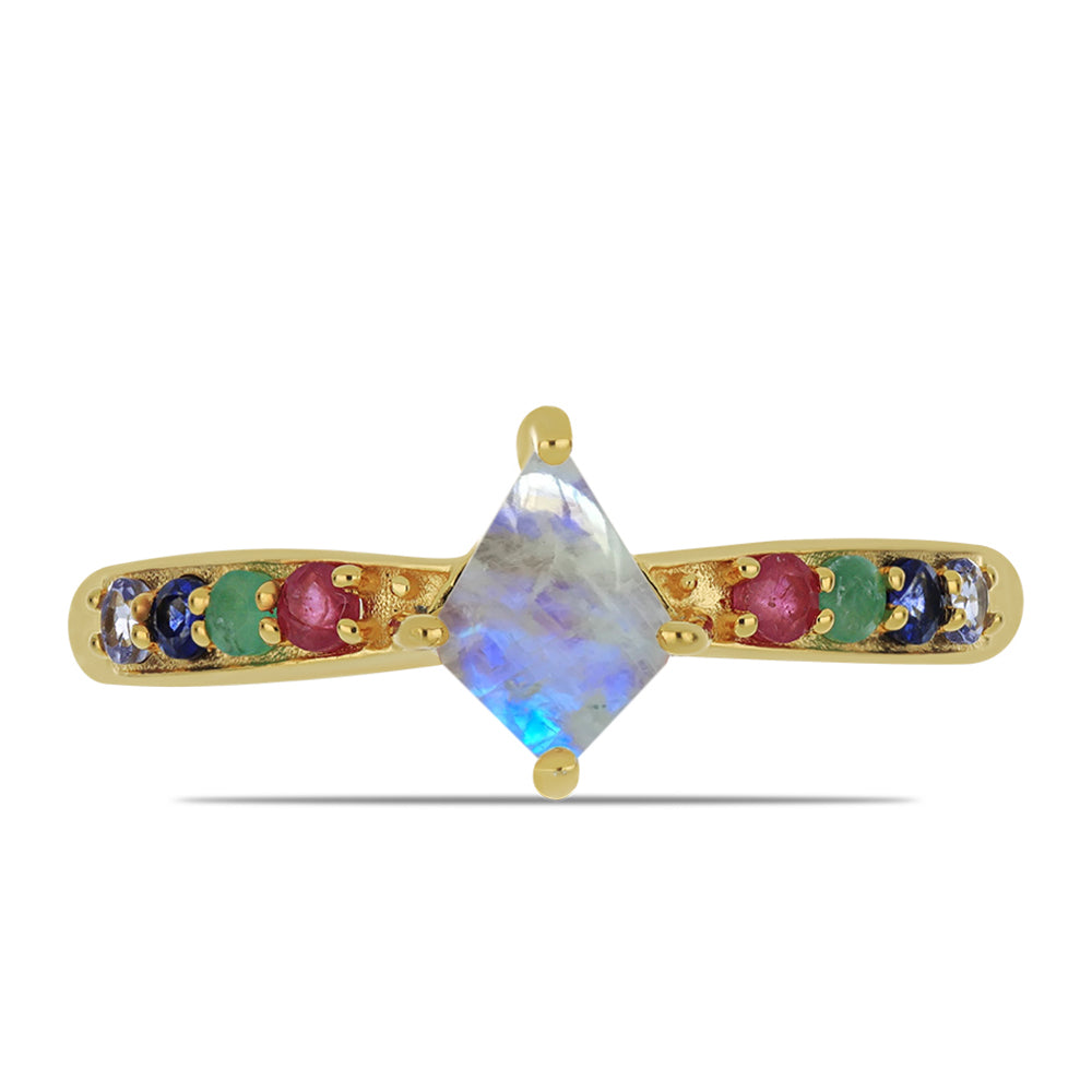 Anillo de Plata Bañada en Oro con Piedra Lunar Arco Iris y Tanzanita