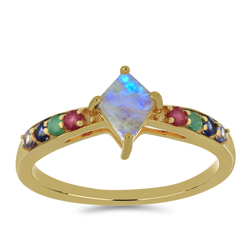 Anillo de Plata Bañada en Oro con Piedra Lunar Arco Iris y Tanzanita 3 