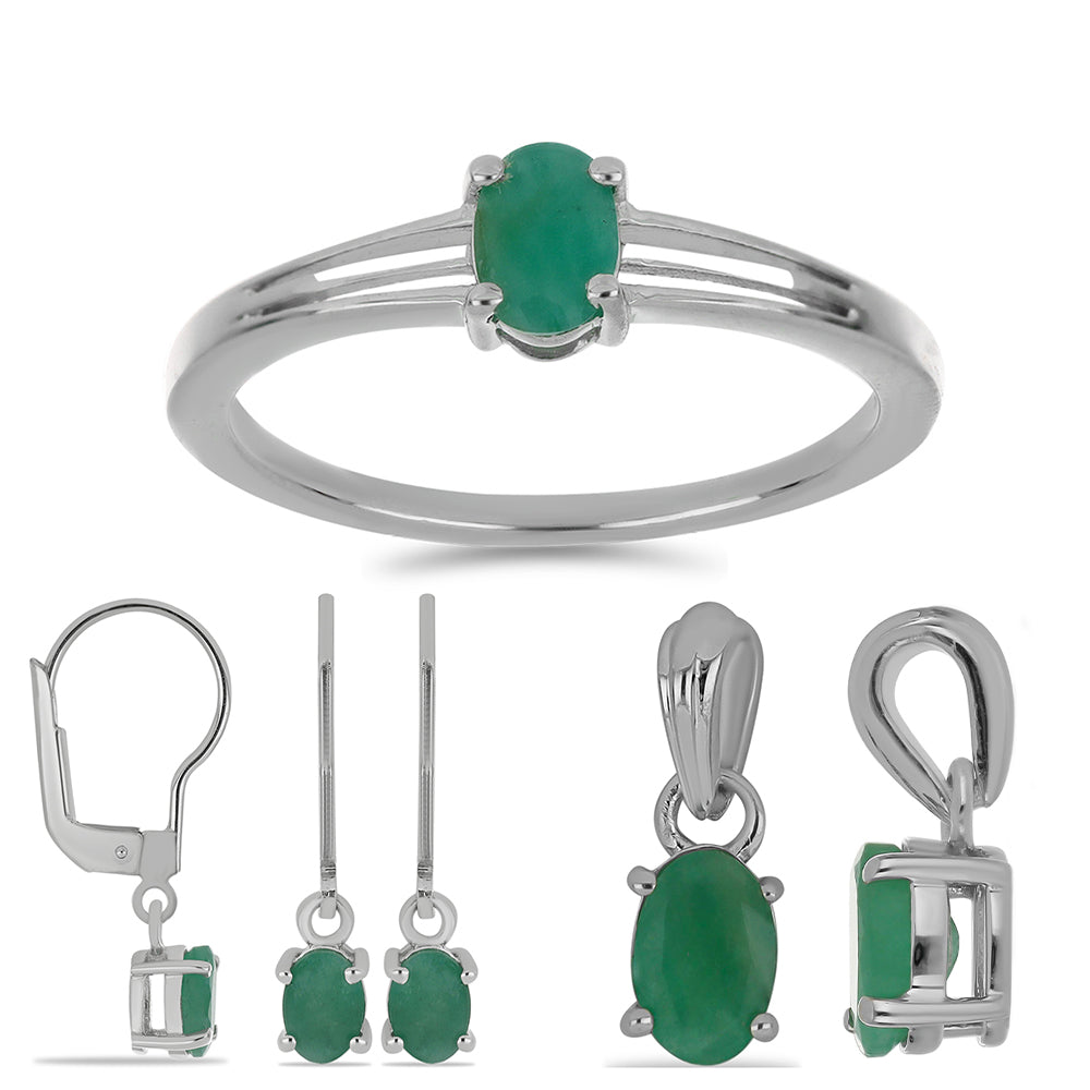 Conjunto de Plata con Esmeralda de Brasil ( Pendientes +Anillo +Colgante ) 1 