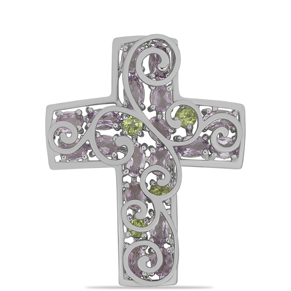 Cruz Colgante de Plata con Amatista Rosa de Francia y Peridoto de Changbai