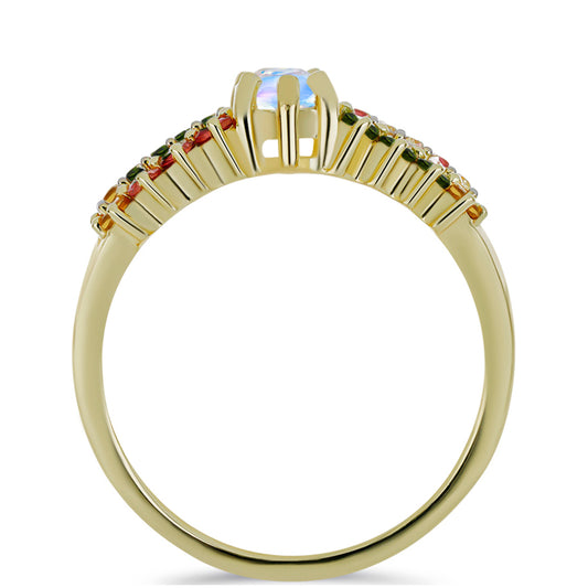 Anillo de Plata Bañada en Oro con Piedra Lunar Arco Iris y Turmalina Arco Iris Pelmadulla