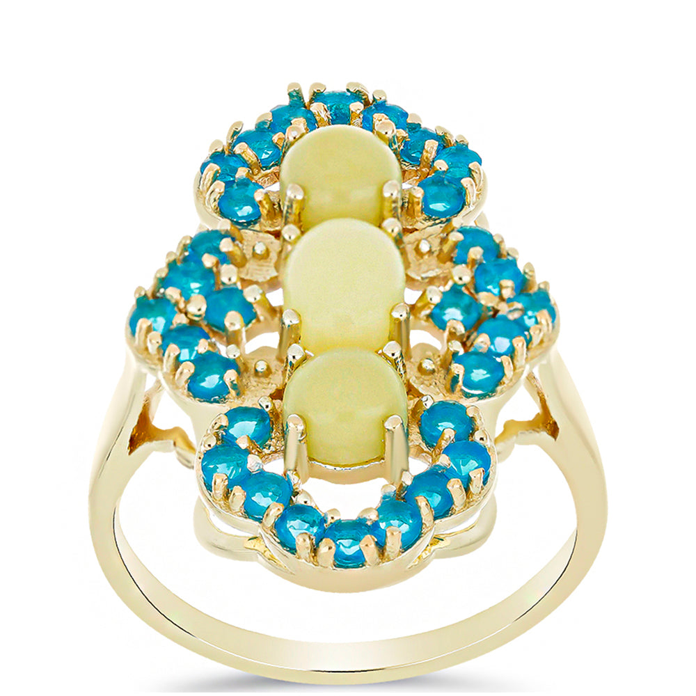 Anillo de Plata Bañada en Oro con Serpentina Amarilla y Ópalo Azul Paraiba de Etiopía