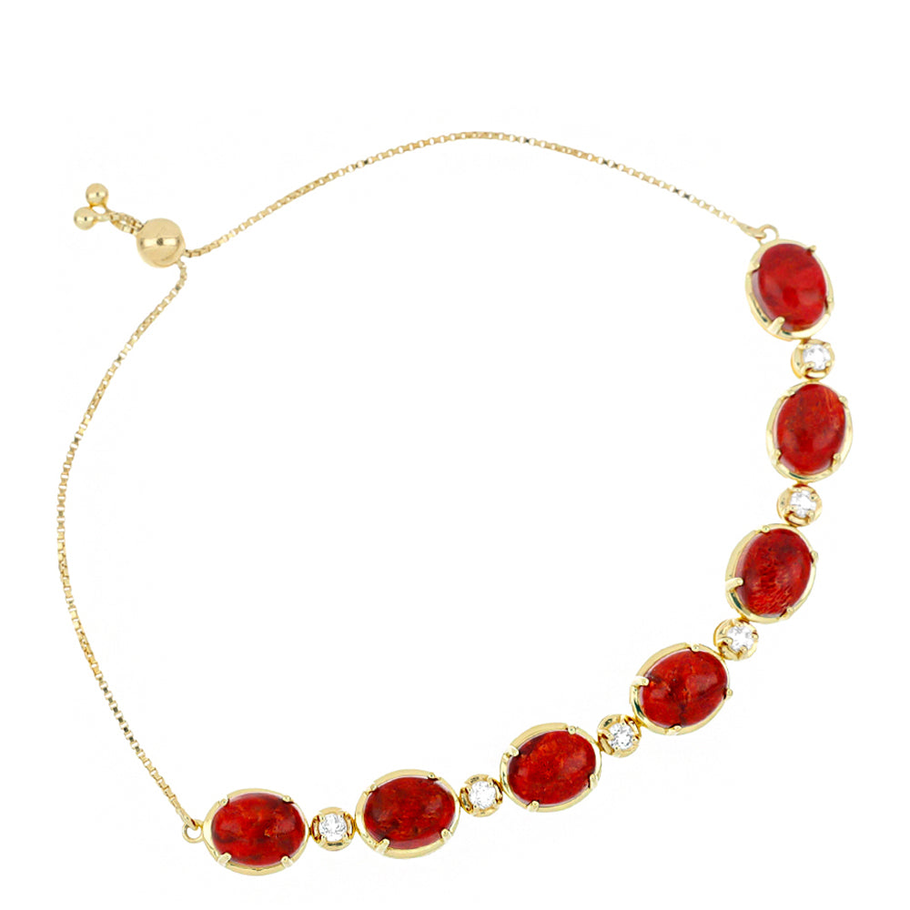 Pulsera de Plata Bañada en Oro con Coral Rojo y Topacio Blanco