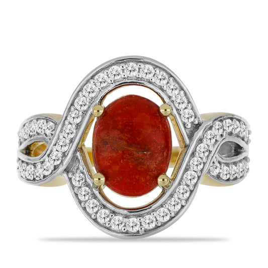 Anillo de Plata Bañada en Oro con Coral Rojo y Topacio Blanco