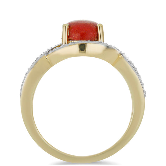 Anillo de Plata Bañada en Oro con Coral Rojo y Topacio Blanco