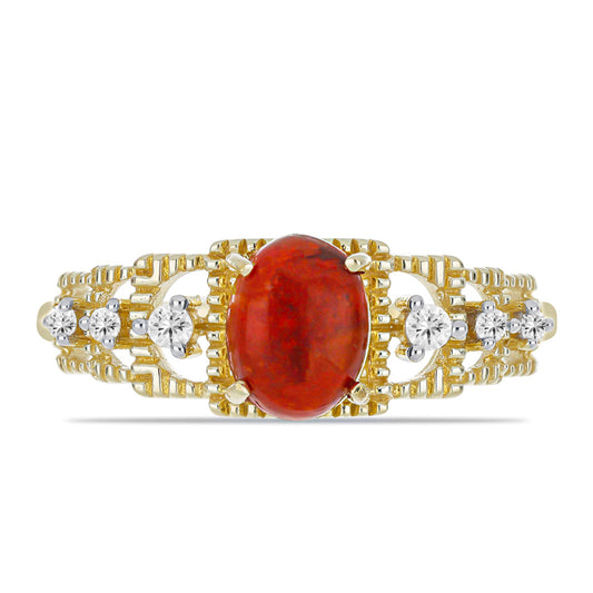 Anillo de Plata Bañada en Oro con Coral Rojo y Topacio Blanco