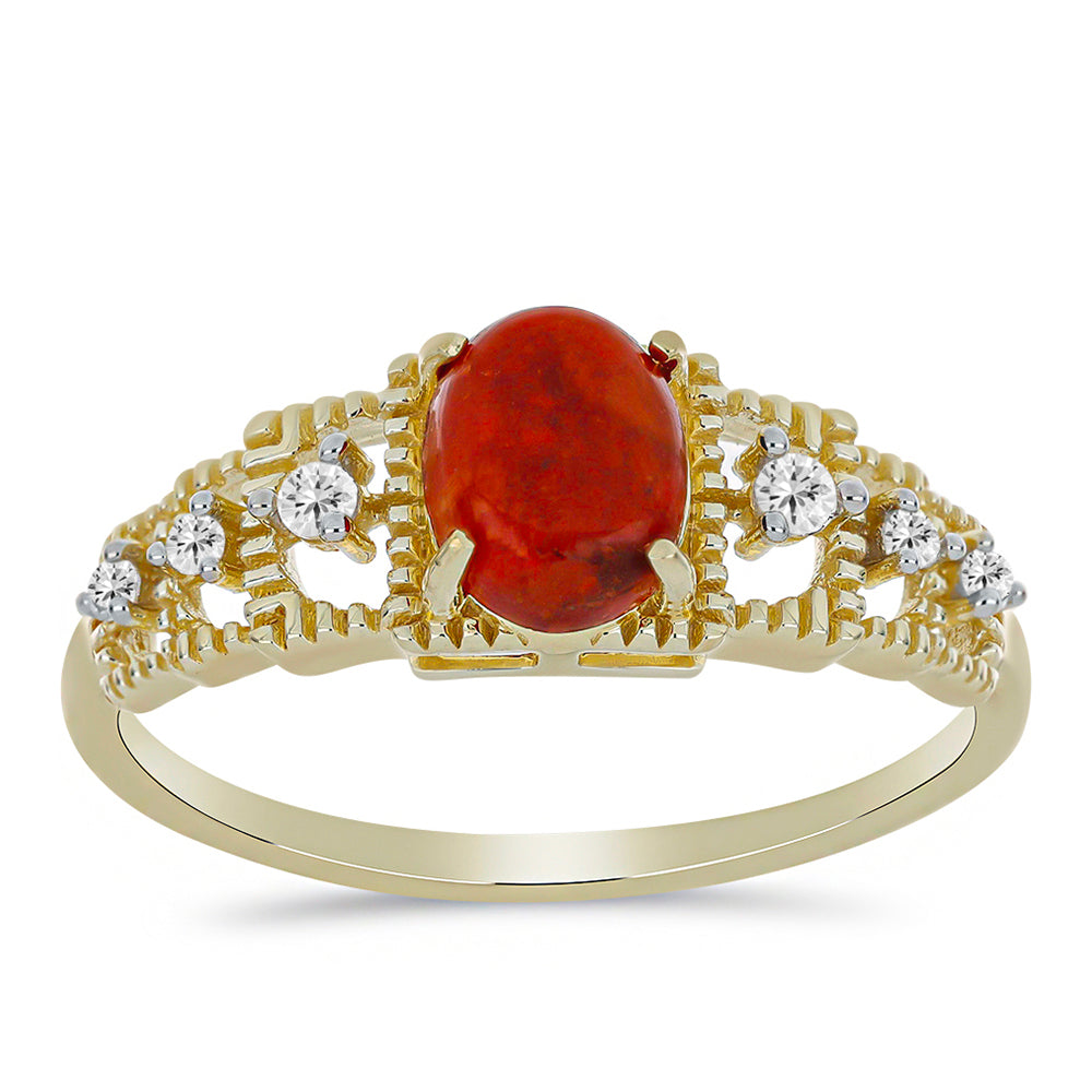 Anillo de Plata Bañada en Oro con Coral Rojo y Topacio Blanco