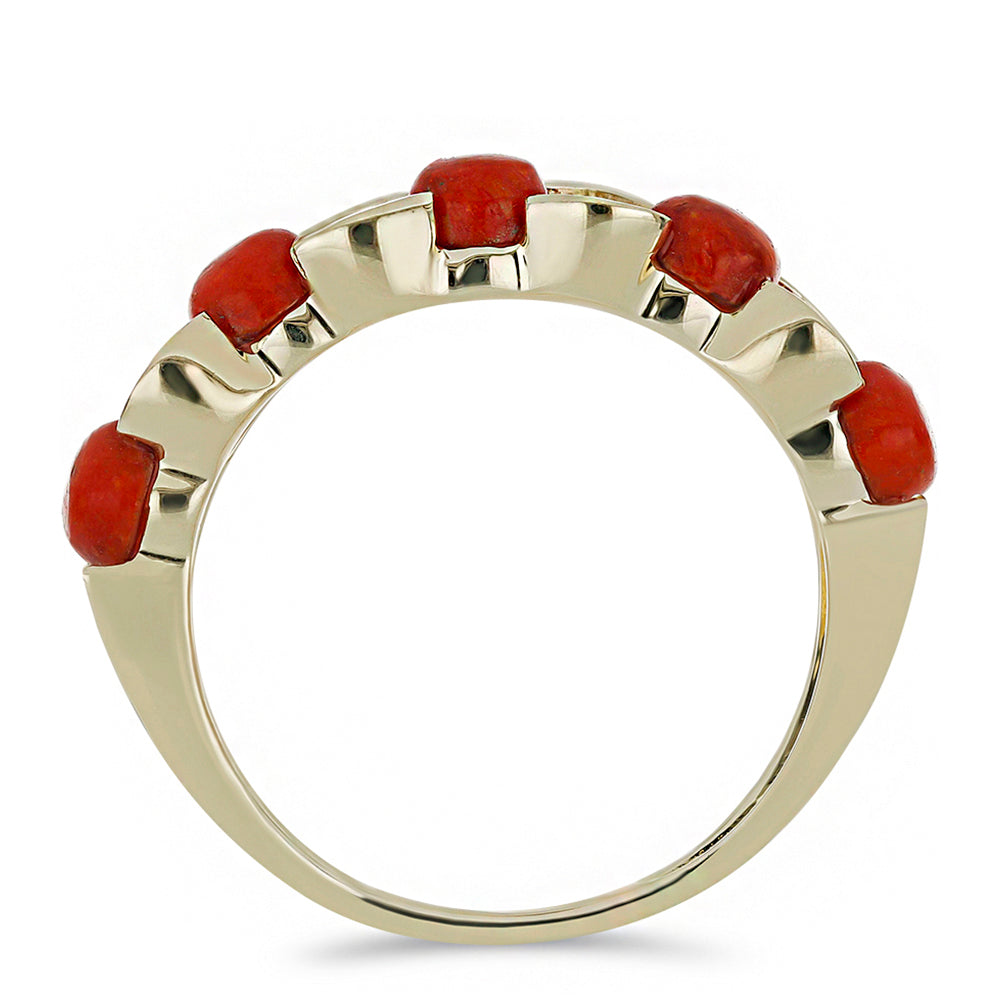 Anillo de Plata Bañada en Oro con Coral Rojo y Topacio Blanco