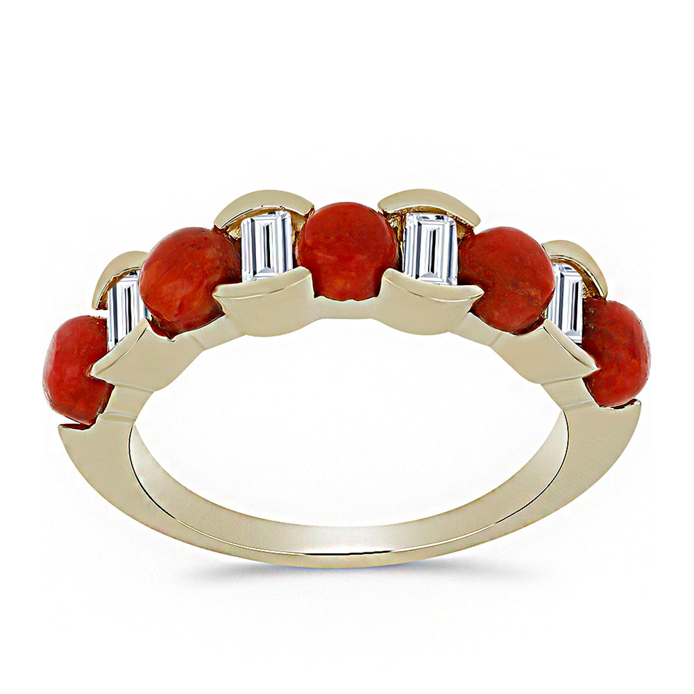 Anillo de Plata Bañada en Oro con Coral Rojo y Topacio Blanco 3 