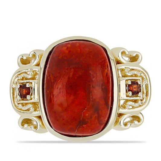 Anillo de Plata Bañada en Oro con Coral Rojo y Granate Barton