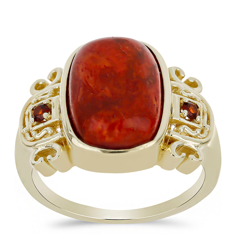 Anillo de Plata Bañada en Oro con Coral Rojo y Granate Barton