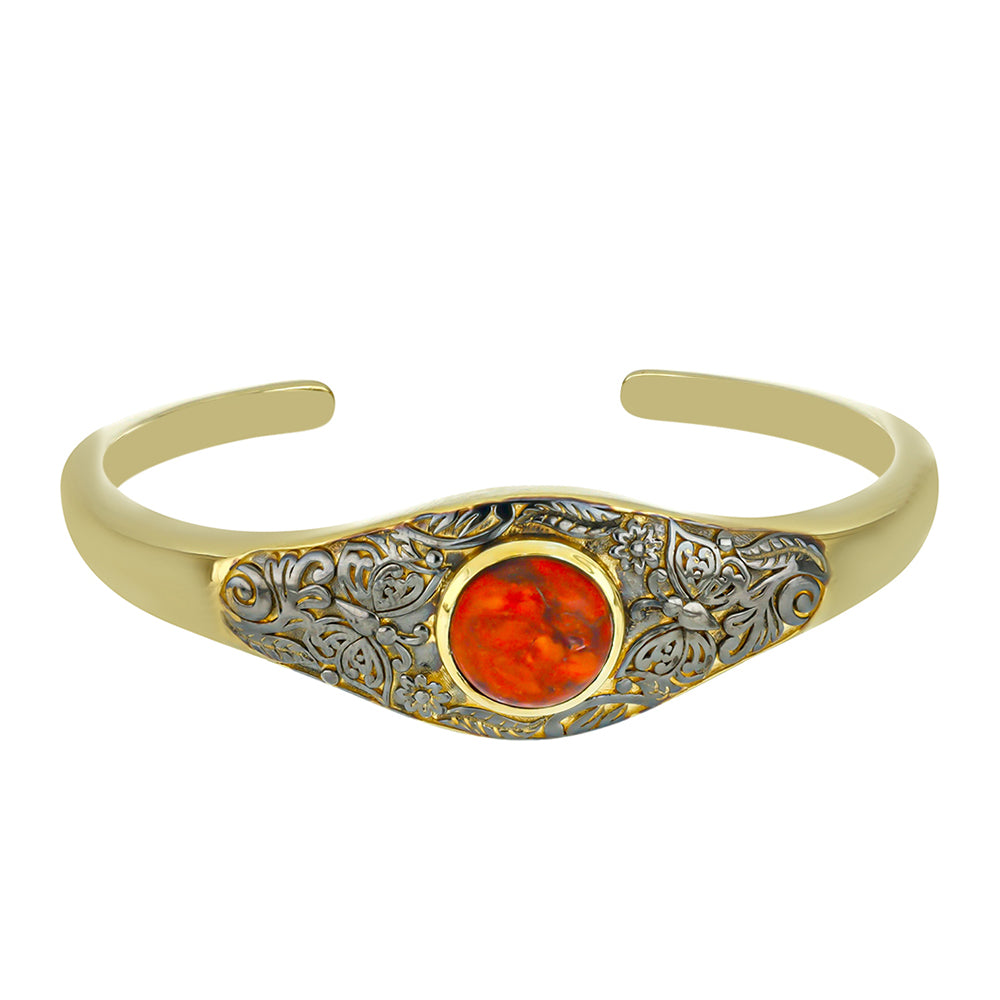 Brazalete de Plata Bañada en Oro con Coral Rojo