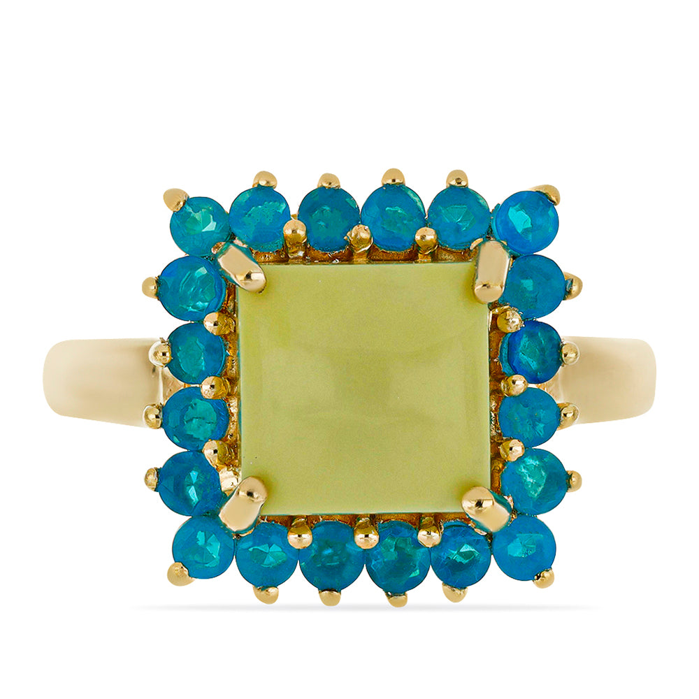 Anillo de Plata Bañada en Oro con Serpentina Amarilla y Ópalo Azul Paraiba de Etiopía 1 