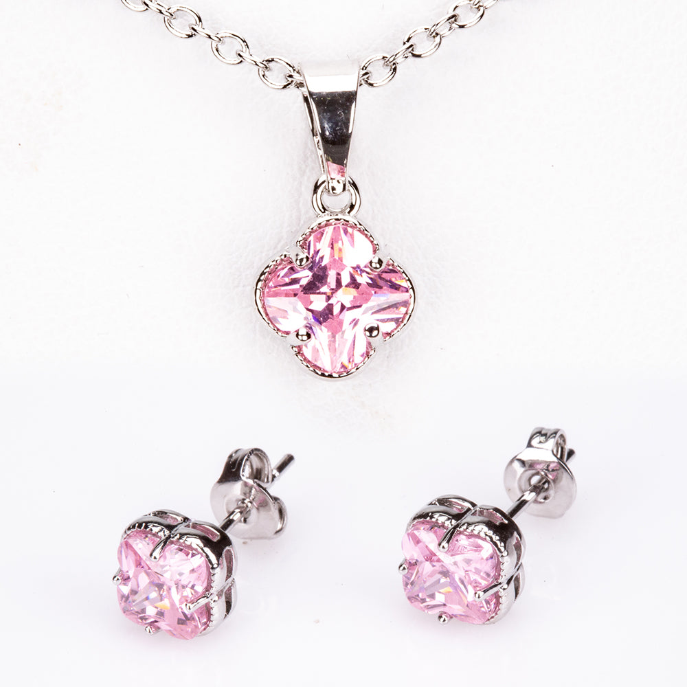 Conjunto de Aleación Bañado en Oro Blanco con Cristal Emporia® Rosa ( Collar +Pendientes +Colgante )