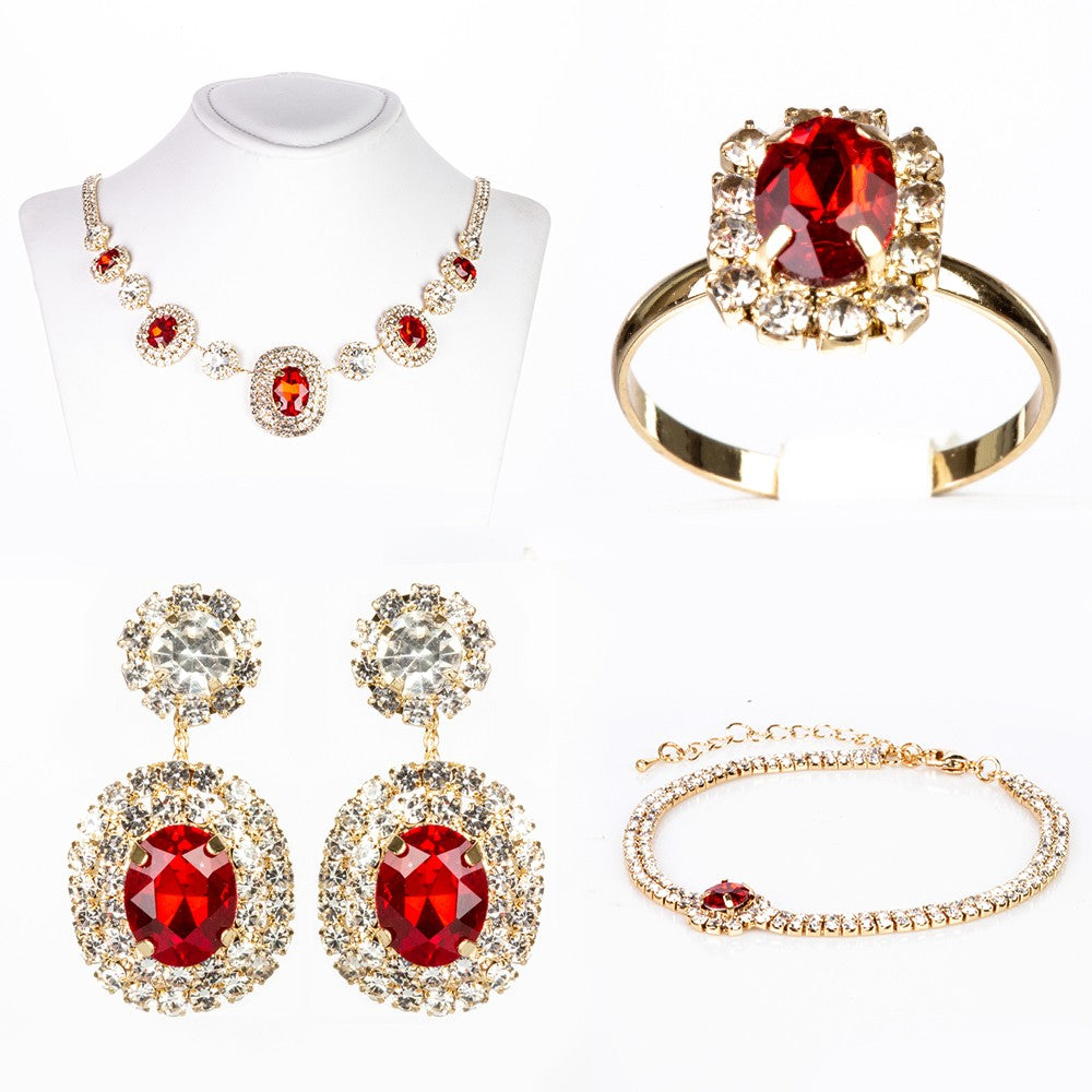 Conjunto de Aleación Bañado en Oro con Cristal Emporia® Rojo ( Collar +Pendientes +Pulsera +Anillo )