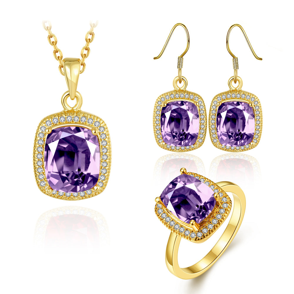 Conjunto de Aleación Bañado en Oro con Cristal Emporia® Púrpura ( Collar +Pendientes +Anillo )