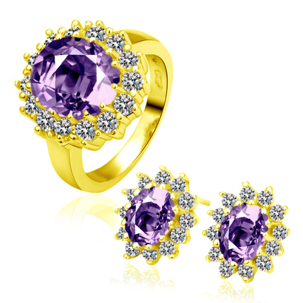Conjunto de Aleación Bañado en Oro con Cristal Emporia® Púrpura ( Pendientes +Anillo )