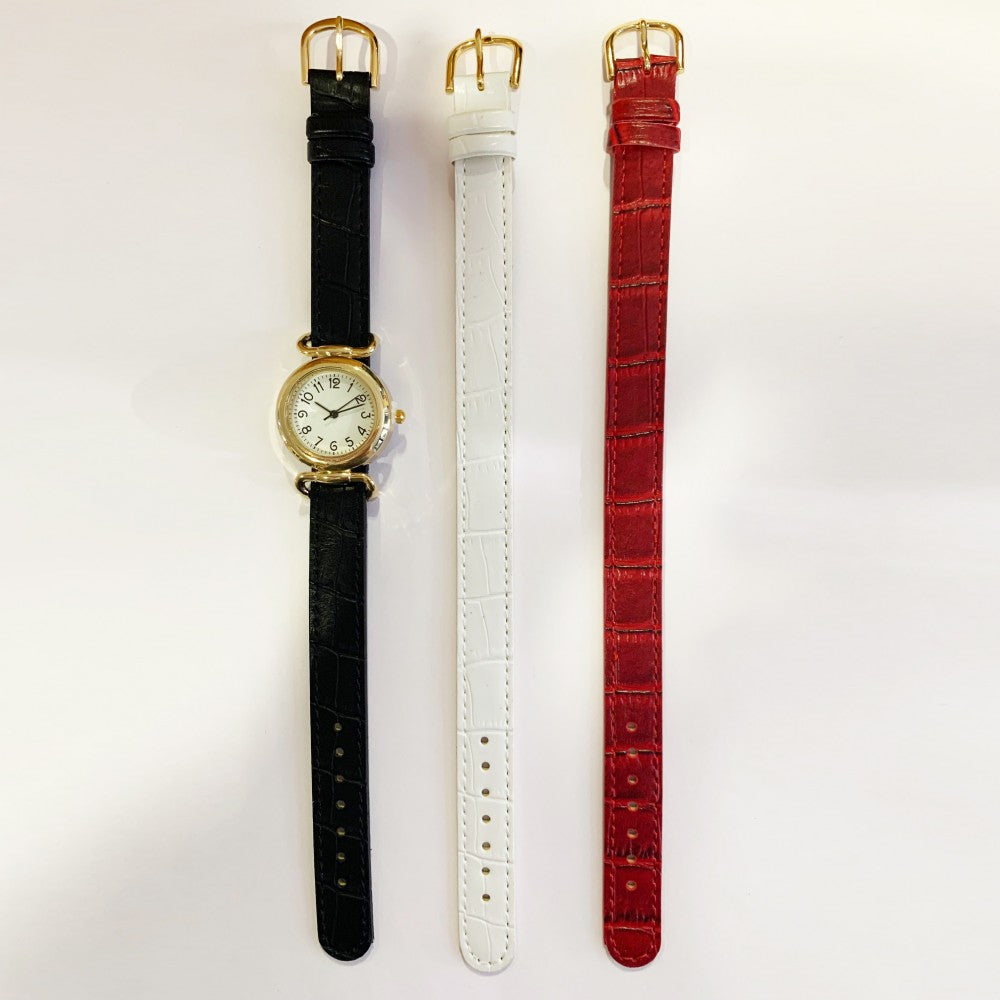 Reloj de pulsera para mujer con tres correas intercambiables( blanca, negra, roja)