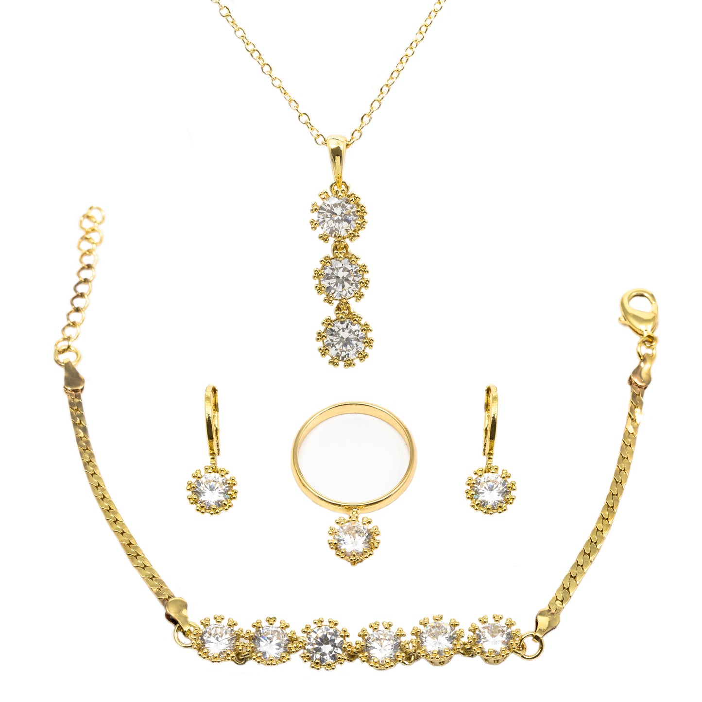 Conjunto de Aleación Bañado en Oro con Cristal Emporia® Blanco ( Collar +Pendientes +Pulsera +Anillo )