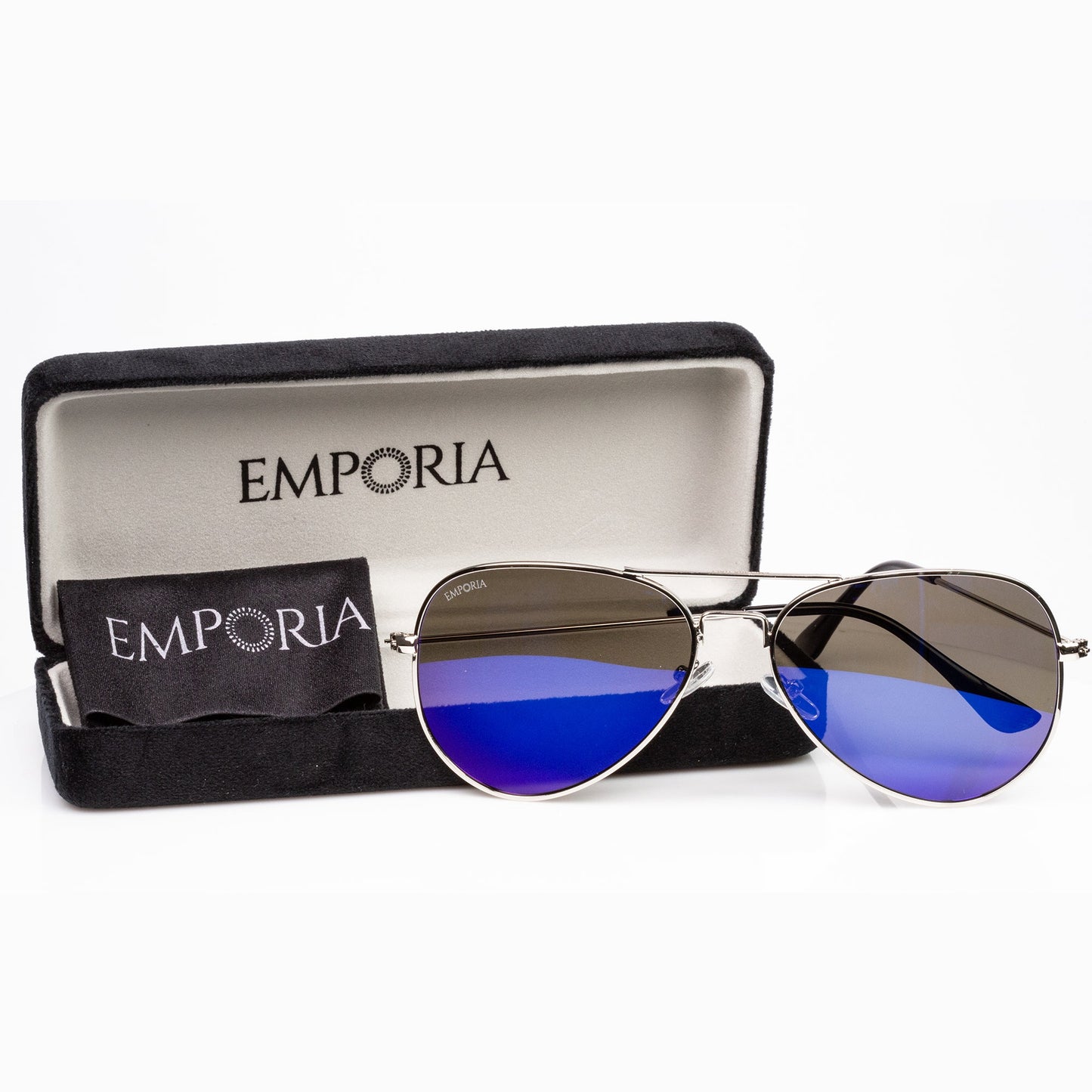 Emporia Italy - Gafas de sol de aviador "LAGUNA", gafas de sol polarizadas con filtro UV con estuche y paño de limpieza, lentes violeta azulado, montura plateada