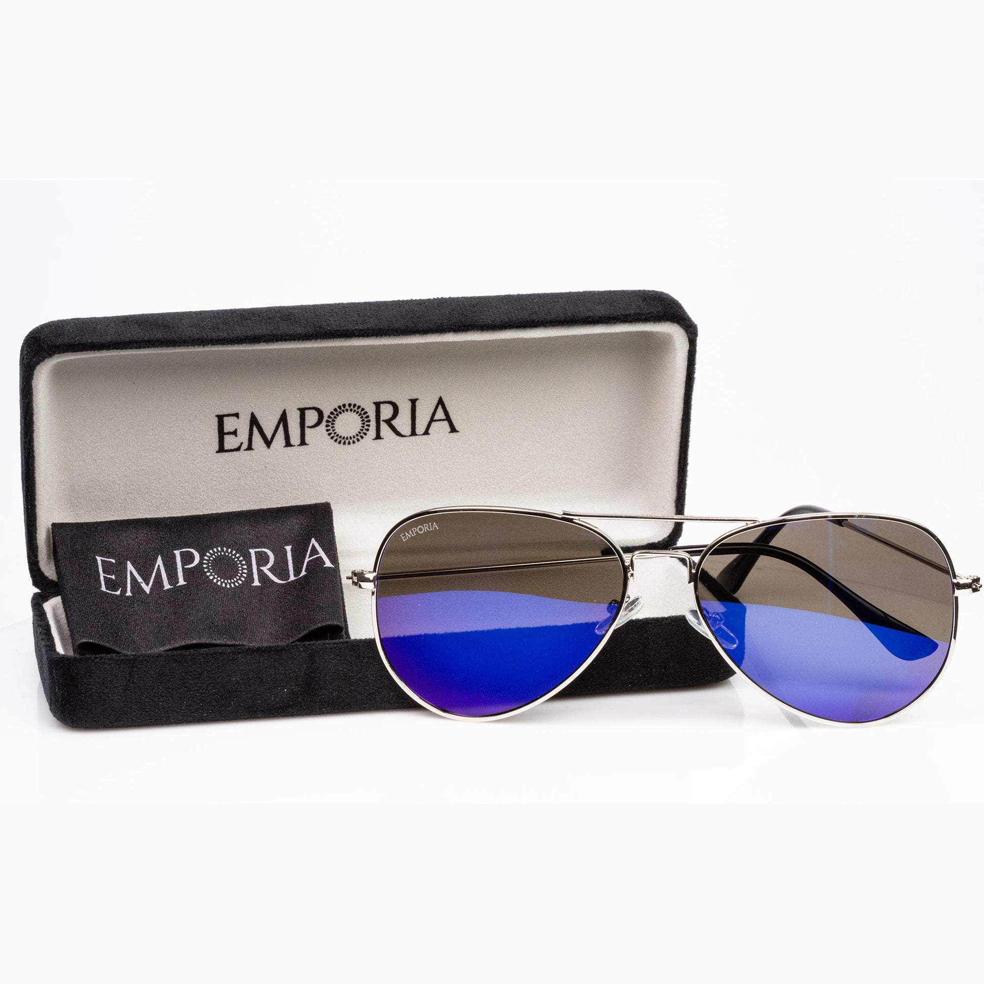 Emporia Italy - Gafas de sol de aviador "LAGUNA", gafas de sol polarizadas con filtro UV con estuche y paño de limpieza, lentes violeta azulado, montura plateada 4 