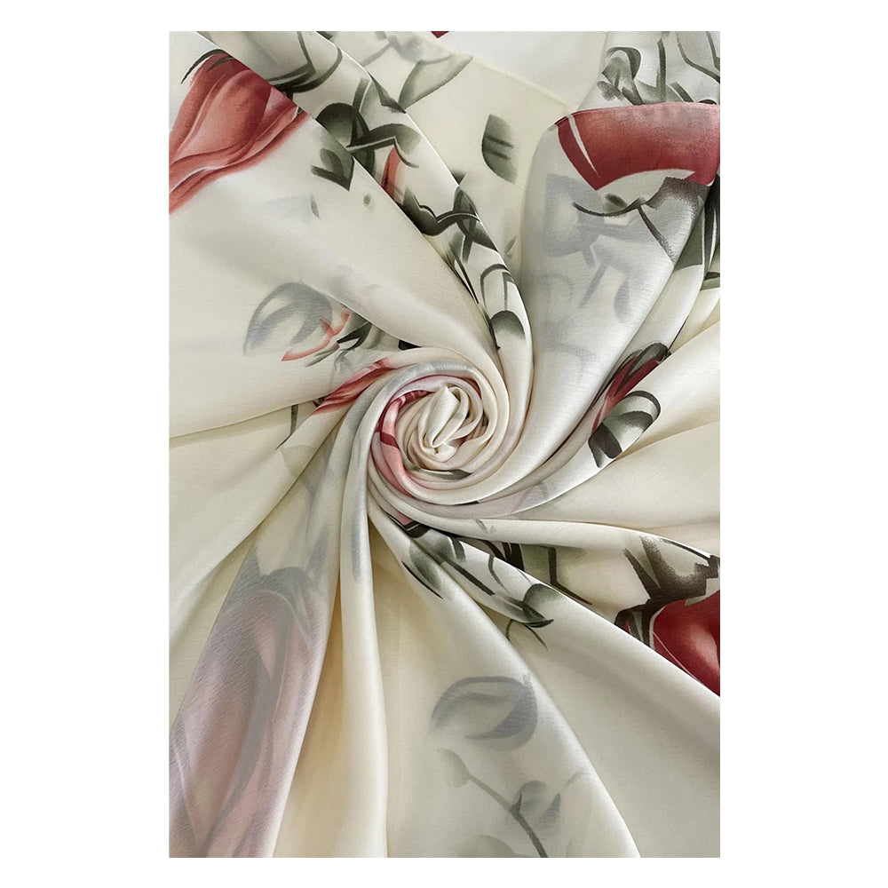 Bufanda de seda 100% con estampoado de brotes de rosa, color crema, 90 x 180 cm