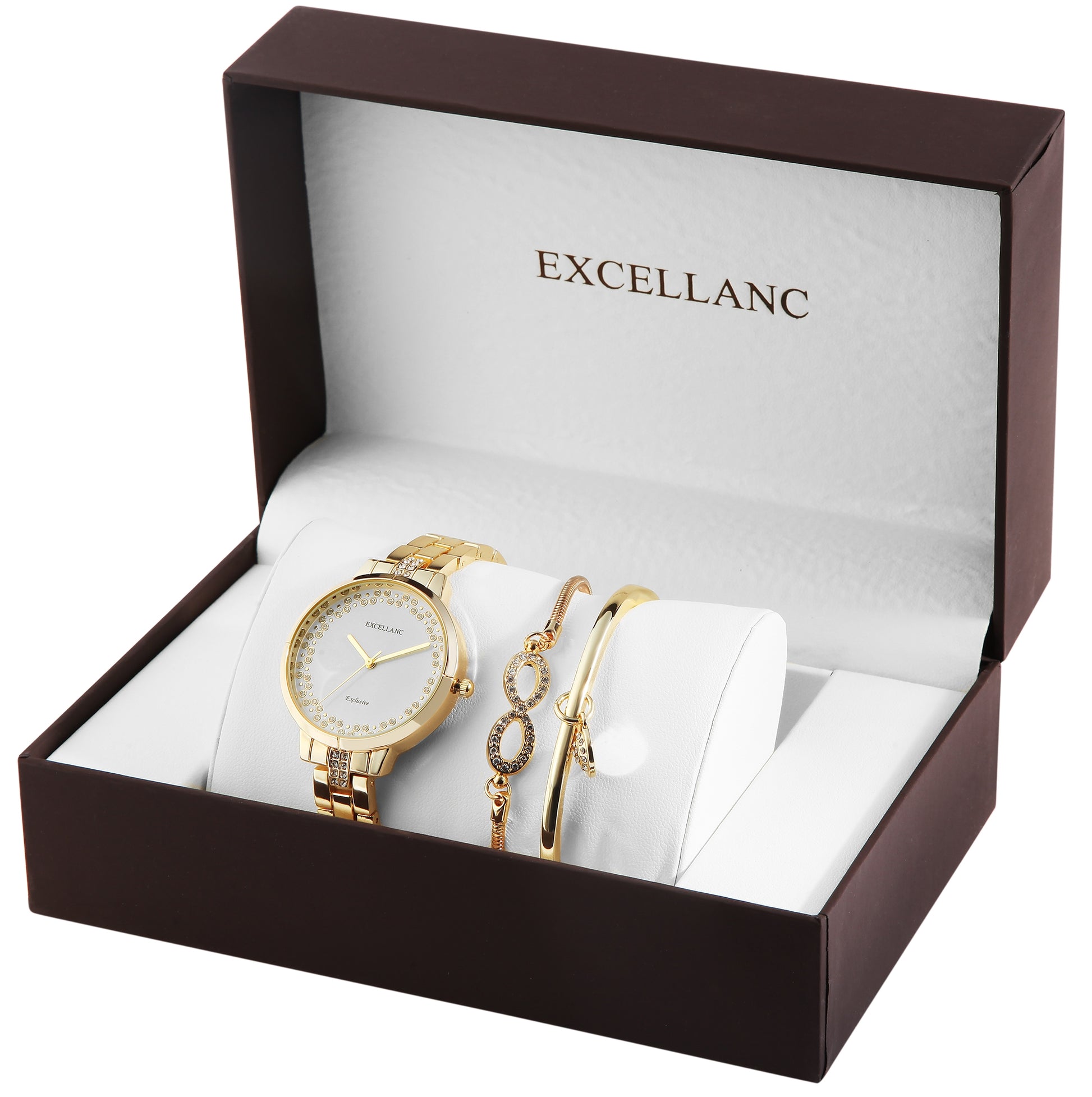 Estuche de regalo de reloj Excellanc: reloj para mujer + 2 pulseras, tono dorado, color dorado, movimiento de cuarzo de alta calidad, color de esfera blanca 1 