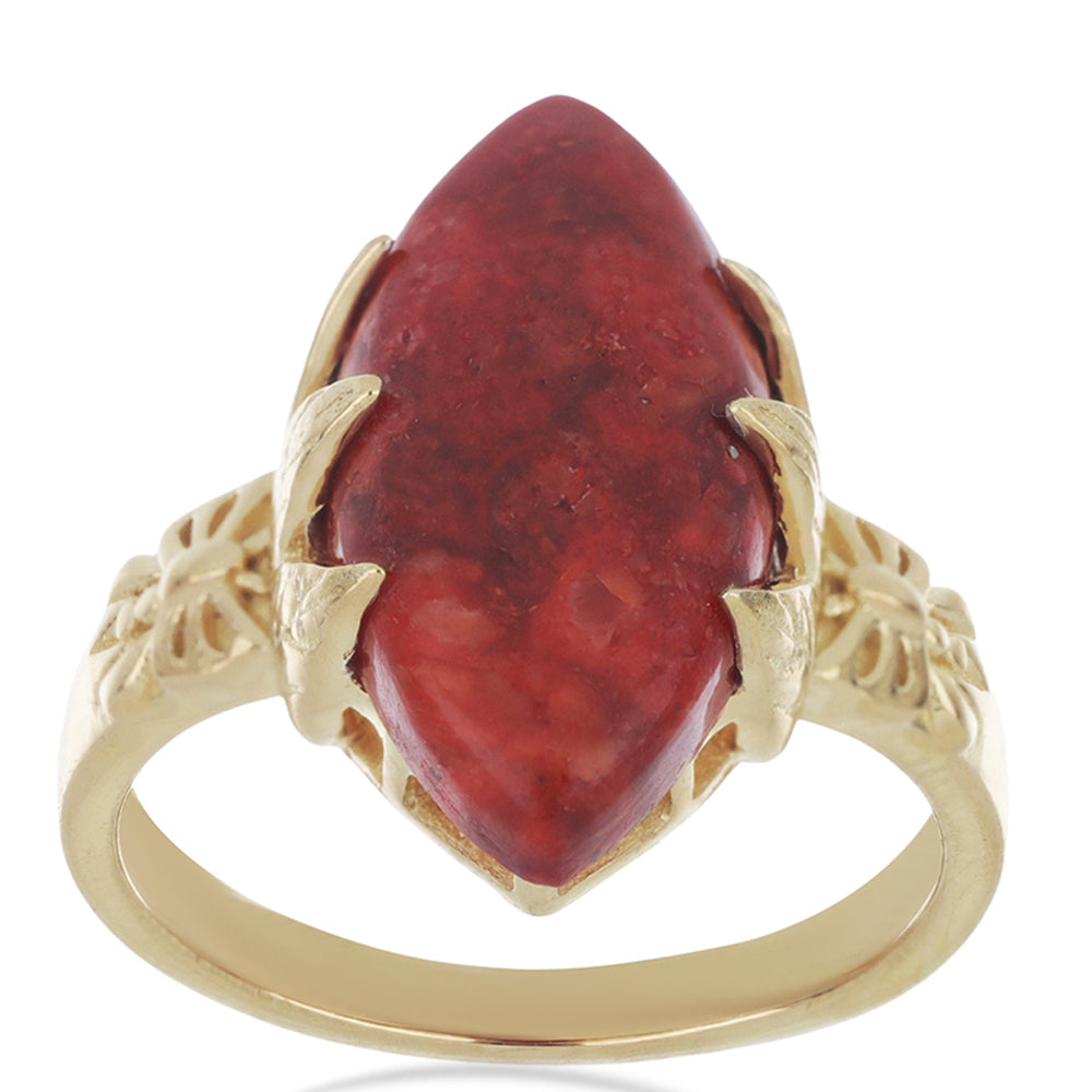 Anillo de Plata Bañada en Oro con Coral de Esponja Roja