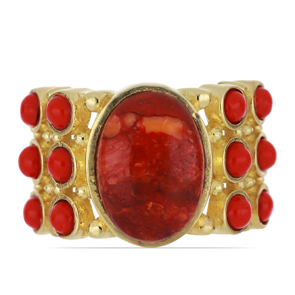 Anillo de Plata Bañada en Oro con Coral de Esponja Roja