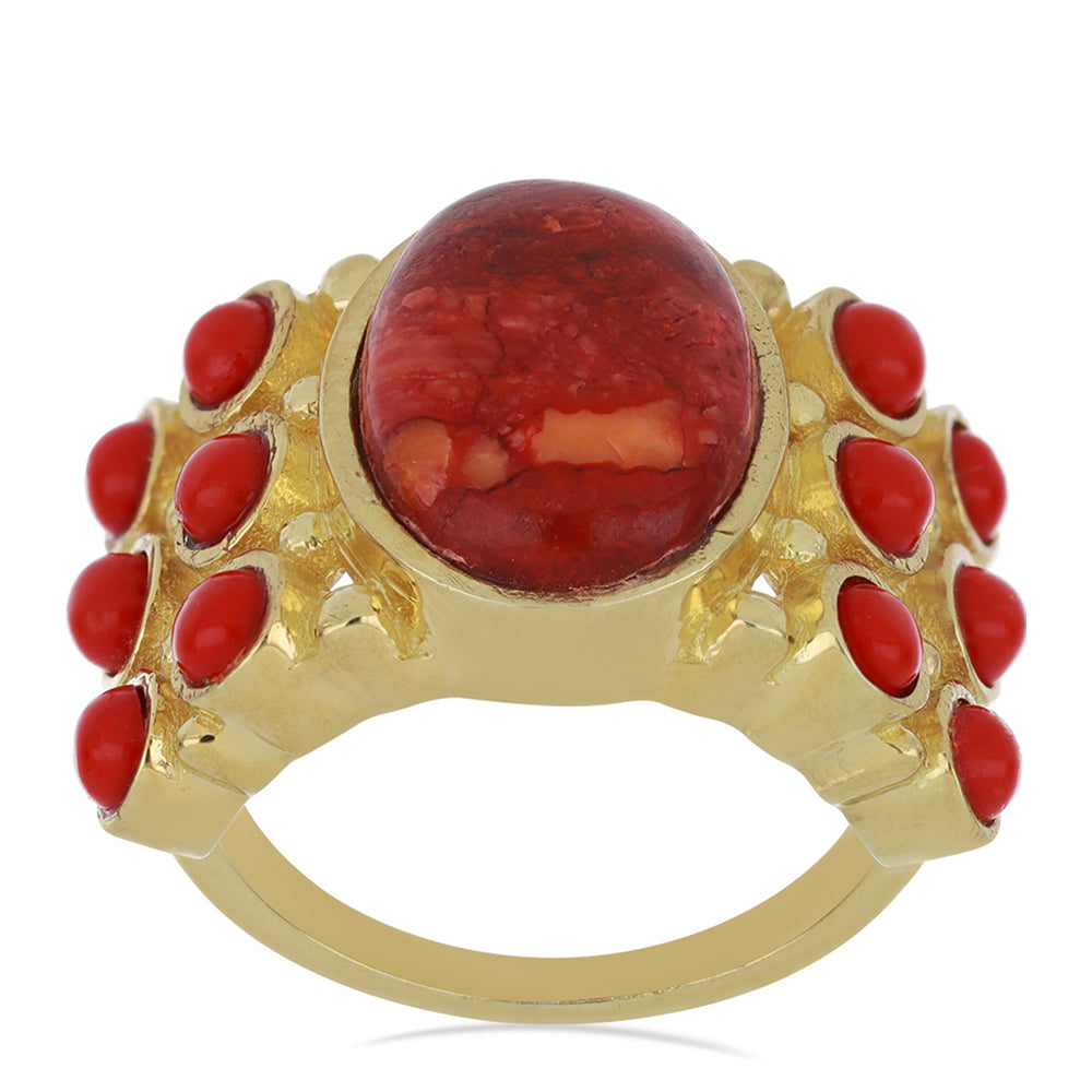 Anillo de Plata Bañada en Oro con Coral de Esponja Roja