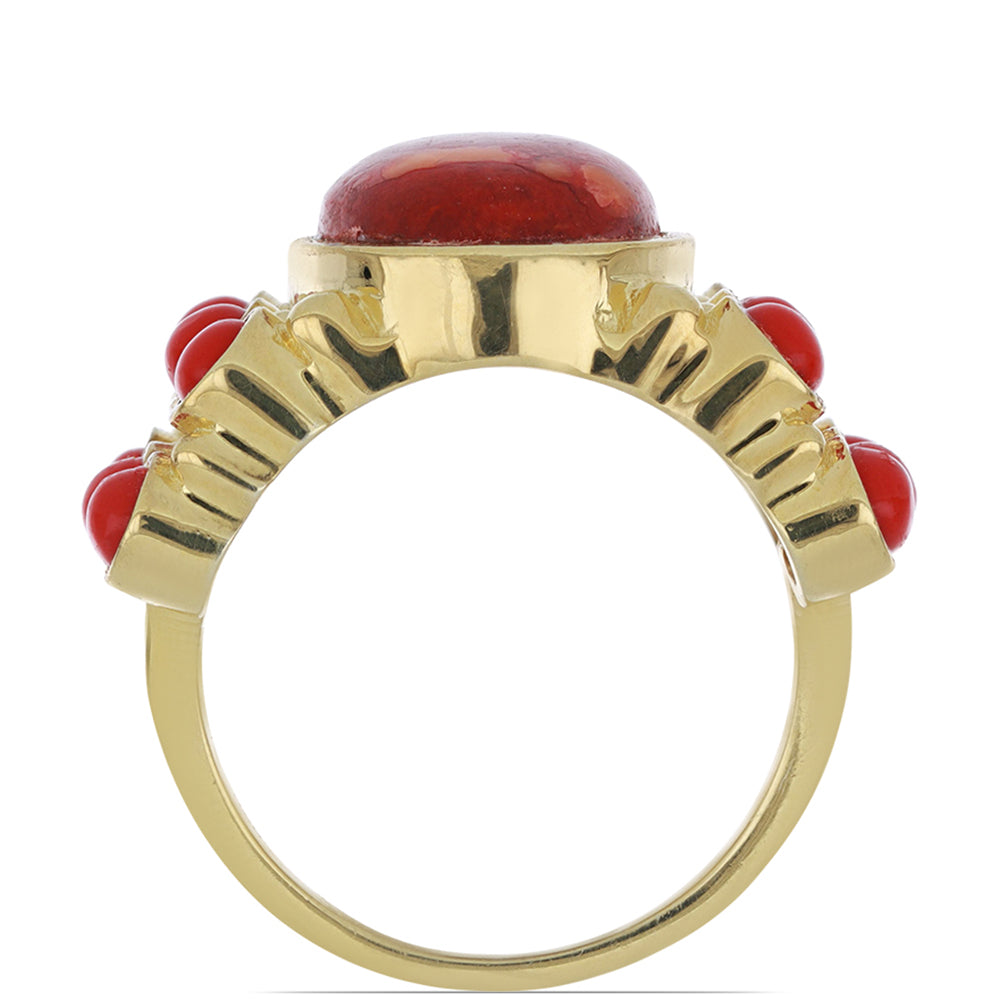 Anillo de Plata Bañada en Oro con Coral de Esponja Roja 3 