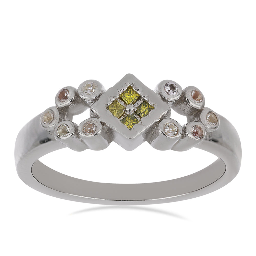 Anillo de Plata con Diamante Amarillo y Zircón Blanco