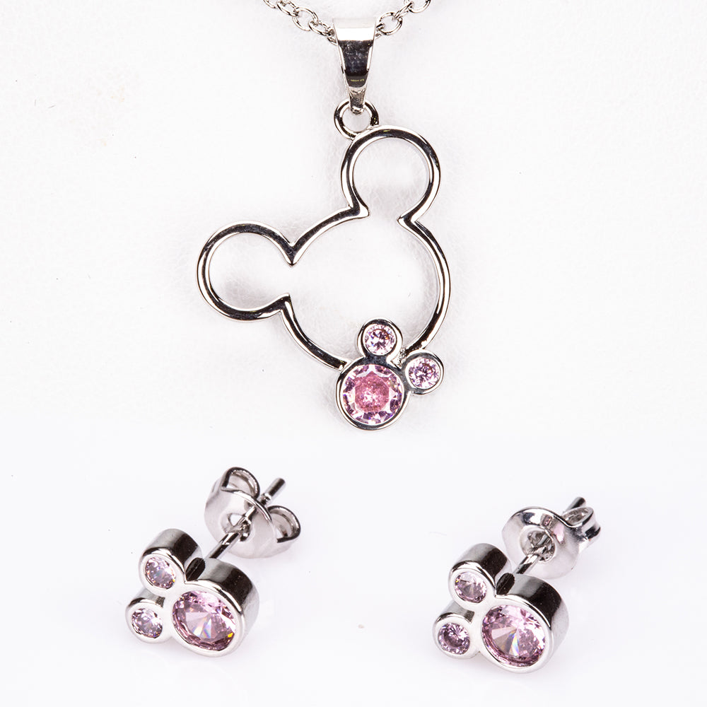 Conjunto de Aleación Bañado en Oro Blanco con Cristal Emporia® Rosa ( Collar +Pendientes +Colgante )